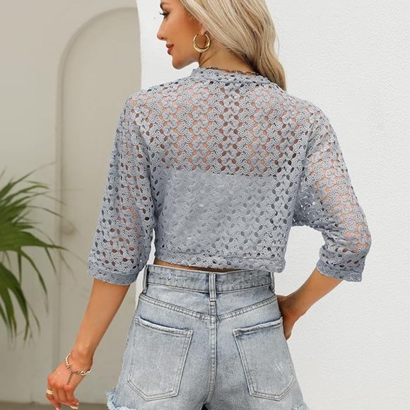 Crochet Knit Bolero Shrug in Grey - Picture 4 of 4